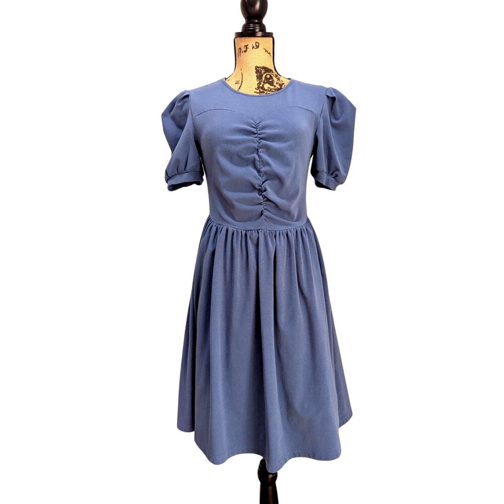 Estella Dress Pinched Front, Puff Sleeves, A Line, Cottagecore, Blue Womens Sz S